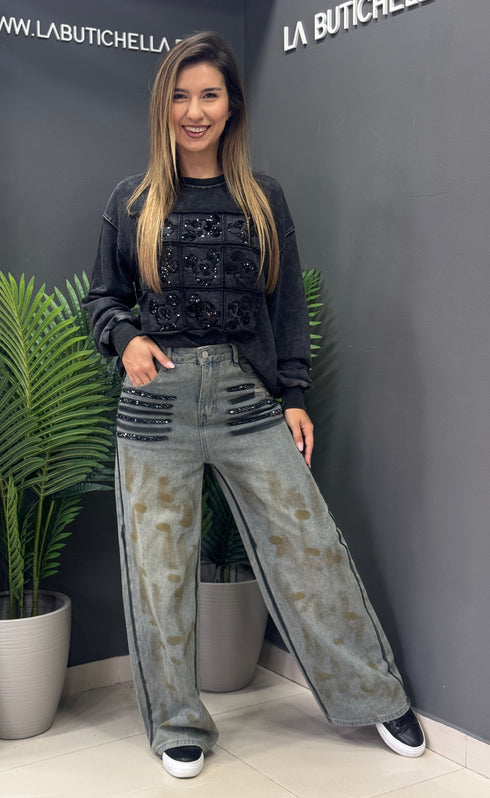 JEANS GLAM BLACK STONES